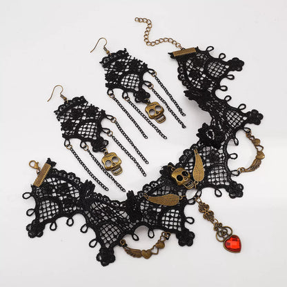 Lace Skull Necklace and Earrings Jewelry Set -