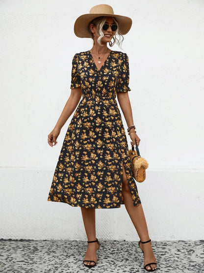 Slit Printed V-Neck Short Sleeve Dress -