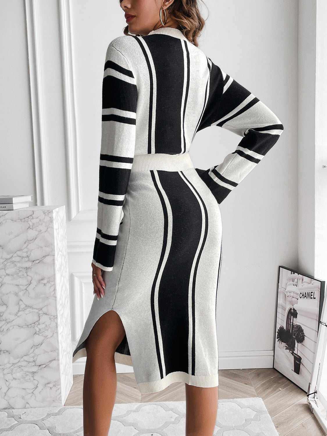 Slit Striped Mock Neck Sweater Dress | AdoreStarr