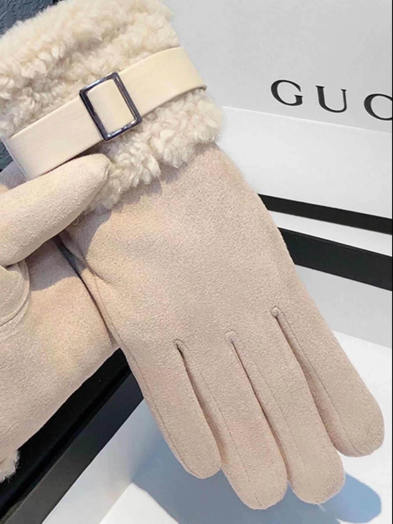 Suede Gloves with Fur Cuff -