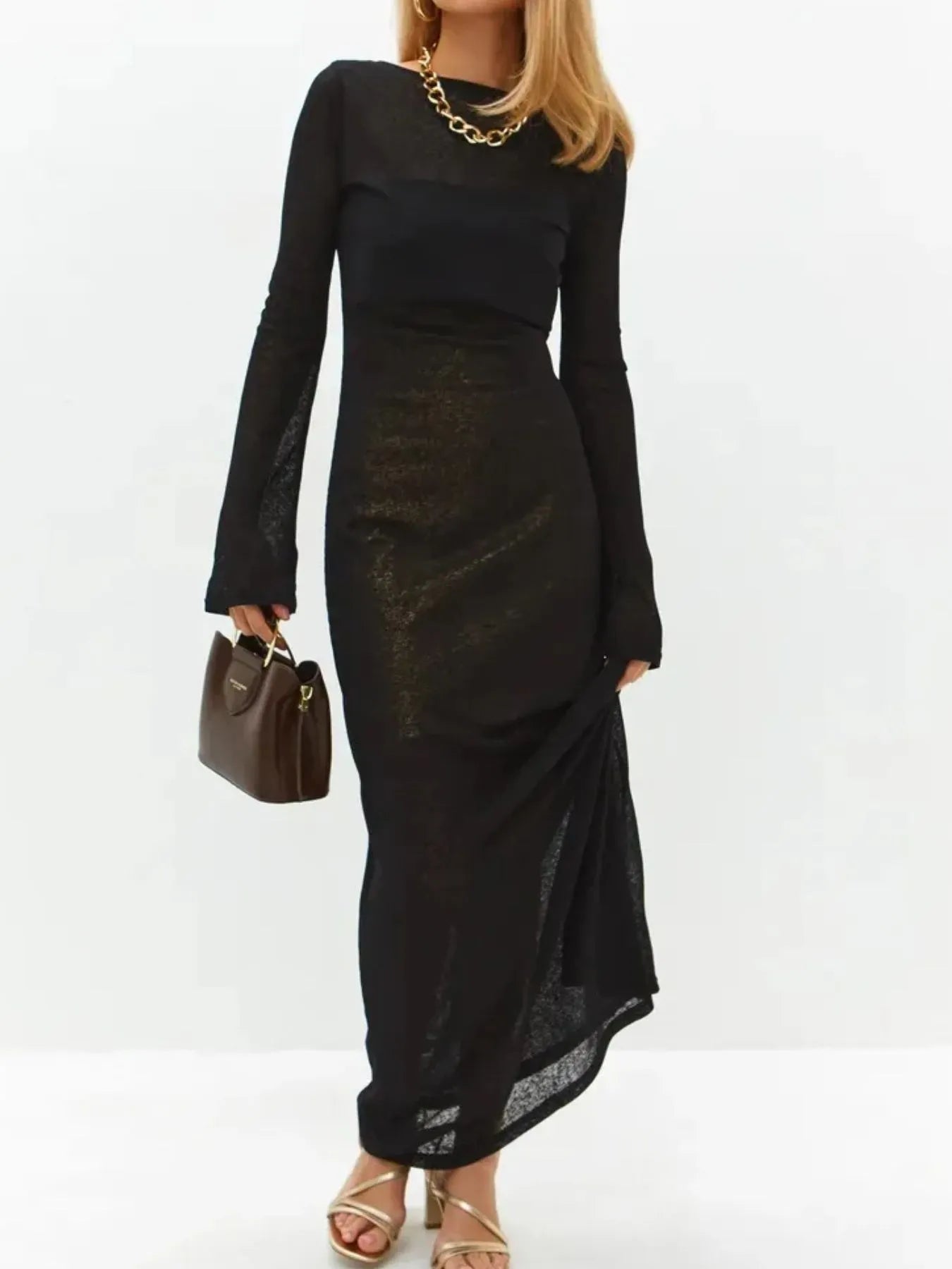 Backless Long Sleeve Maxi Cover-Up - Black