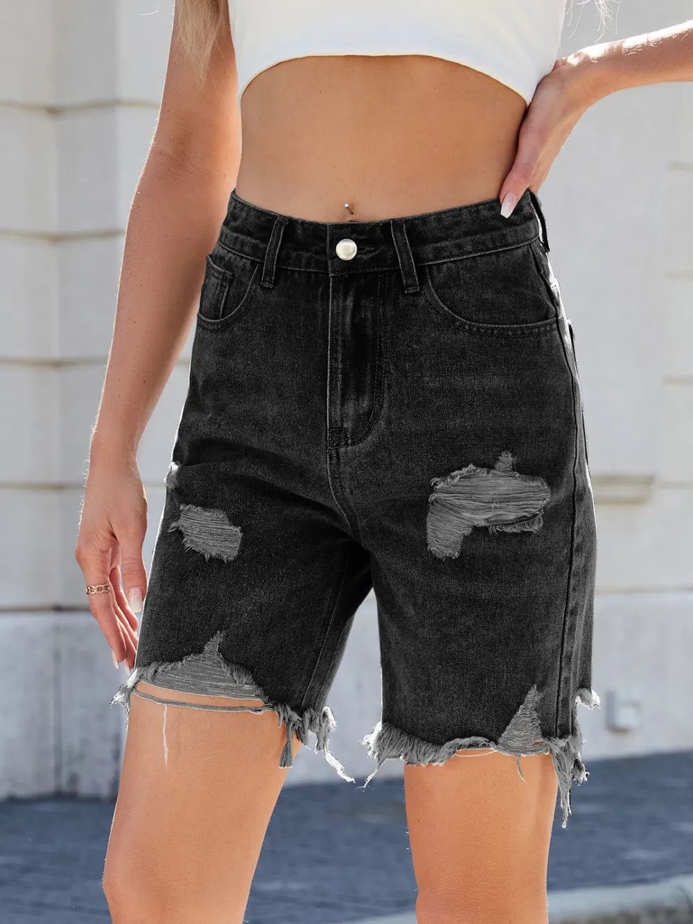 Distressed Raw Hem Denim Shorts -