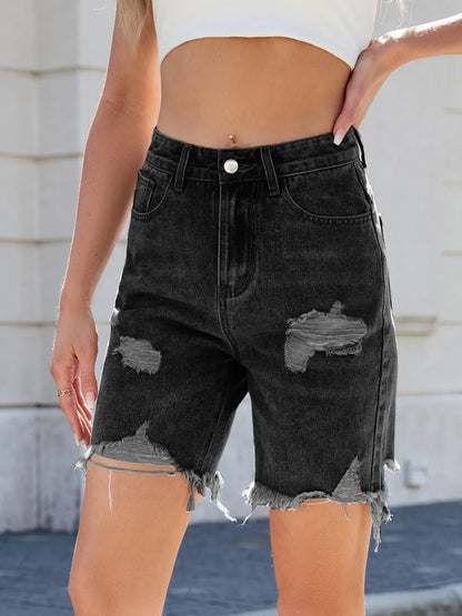 Distressed Raw Hem Denim Shorts -