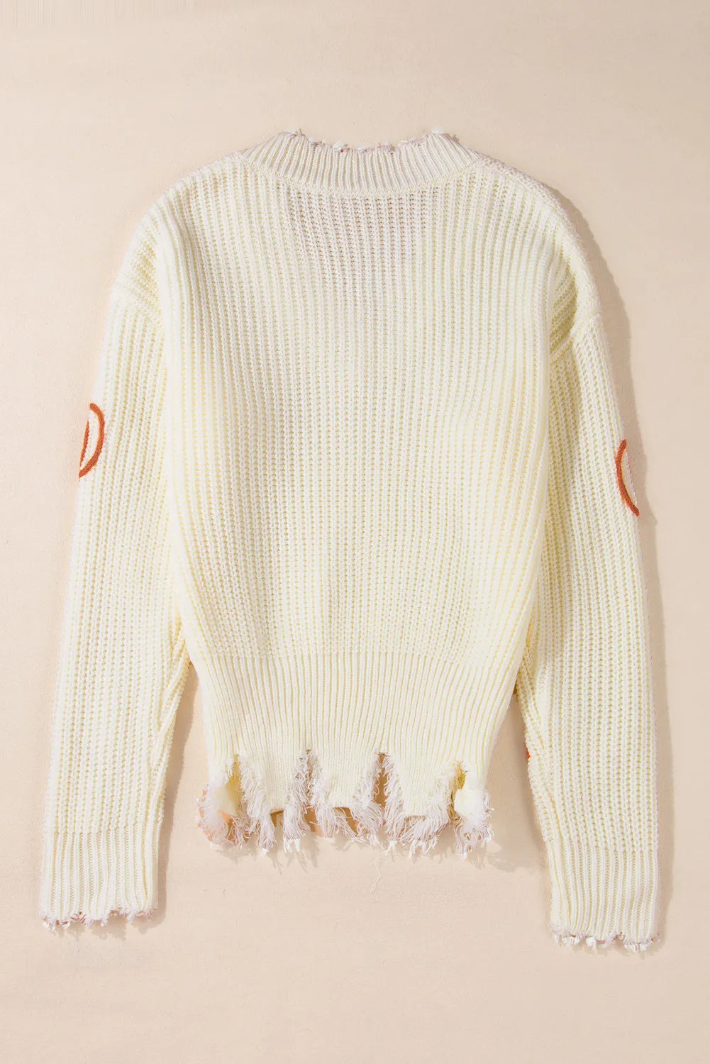 Raw Hem Pumpkin V-Neck Long Sleeve Sweater - Beige