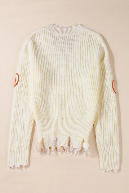 Raw Hem Pumpkin V-Neck Long Sleeve Sweater - Beige