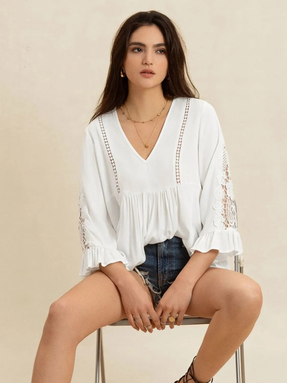 V-Neck Lace Flounce Sleeve Top - White