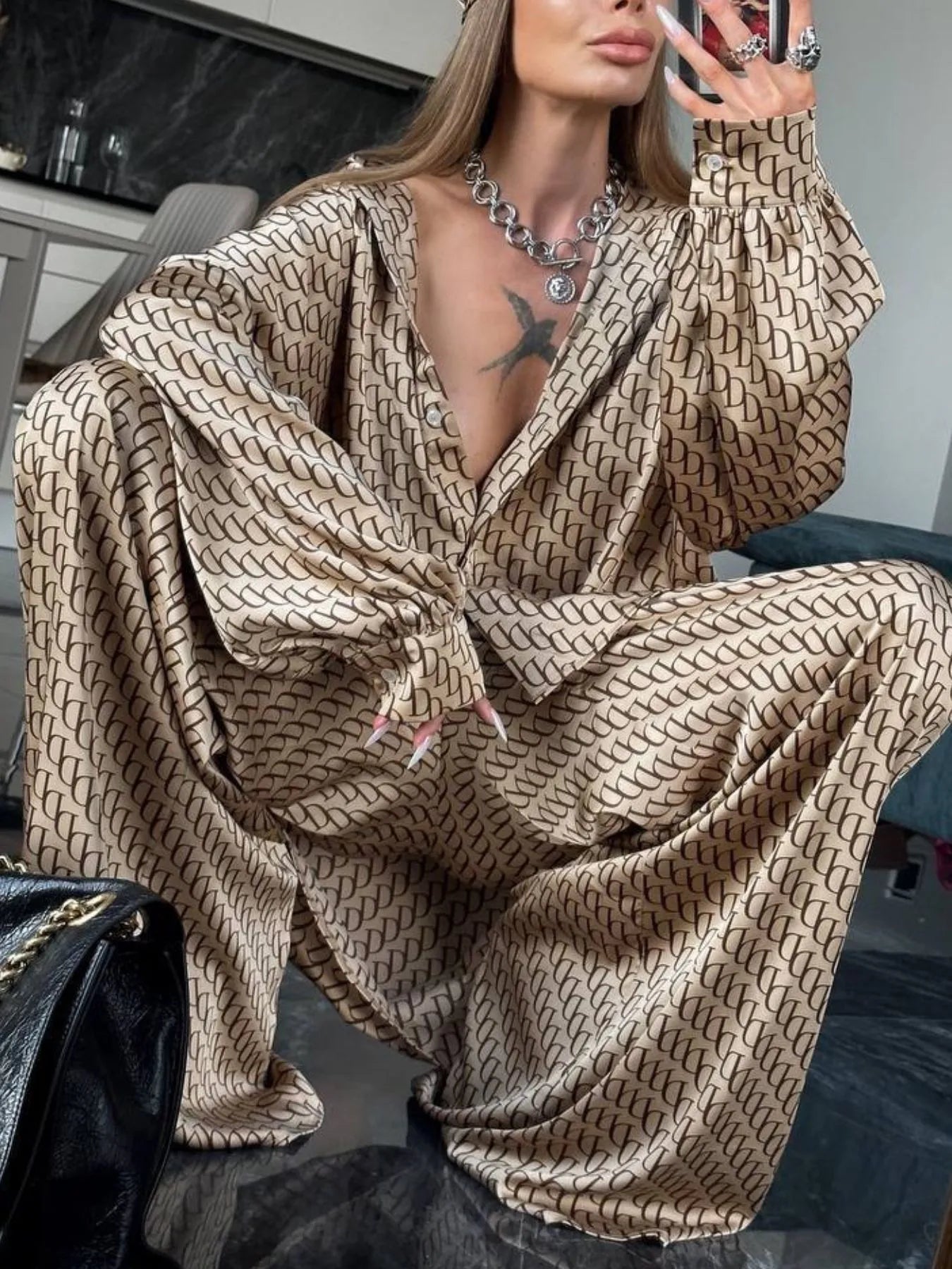 Printed Button Up Shirt and Pants Set -
