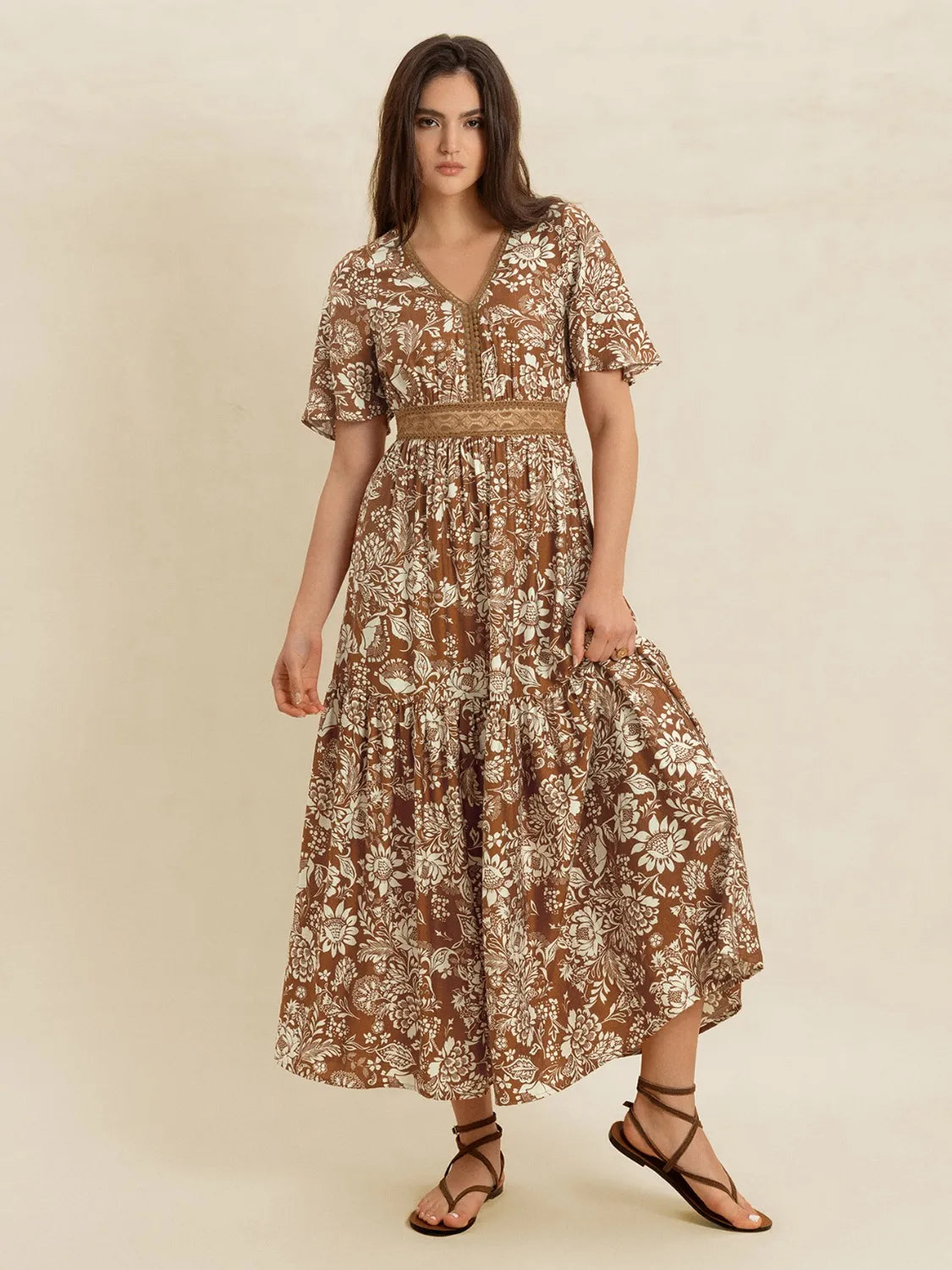 Lace Detail Printed Short Sleeve Midi Dress -
