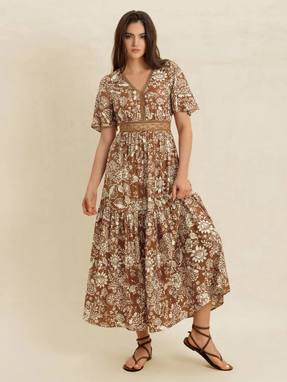 Lace Detail Printed Short Sleeve Midi Dress -