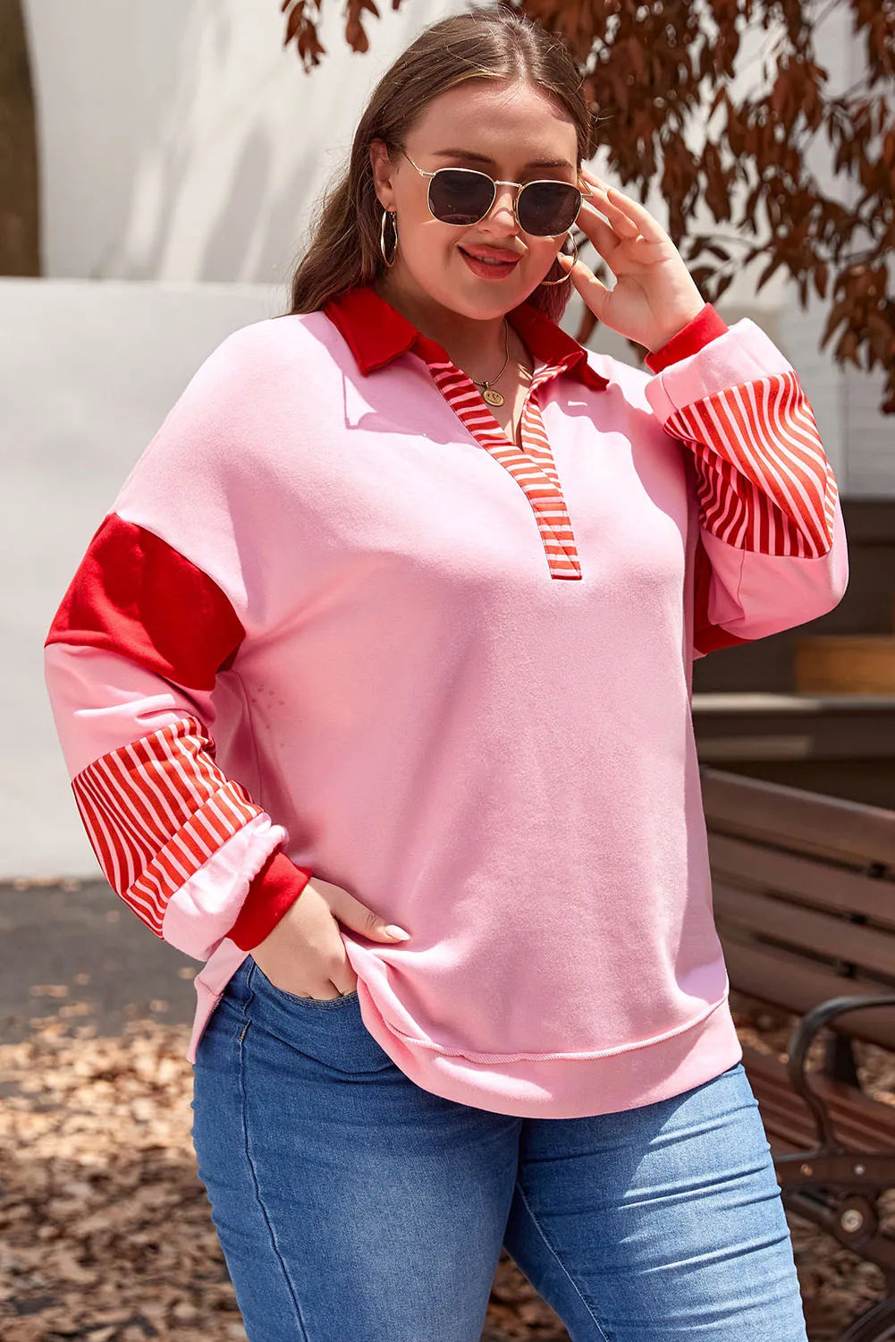 Plus Size Color Block Johnny Collar Long Sleeve Sweatshirt - Pink