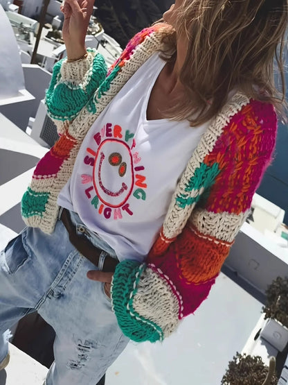 Color Block Open Front Cardigan - Deep Rose