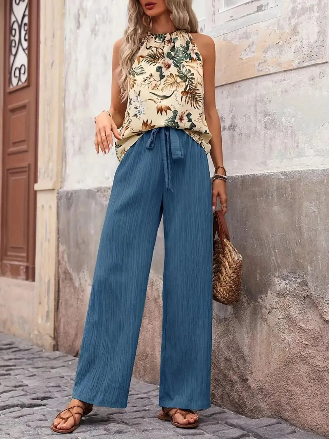 Printed Tank Top and Wide Leg Pants Set - Cerulean