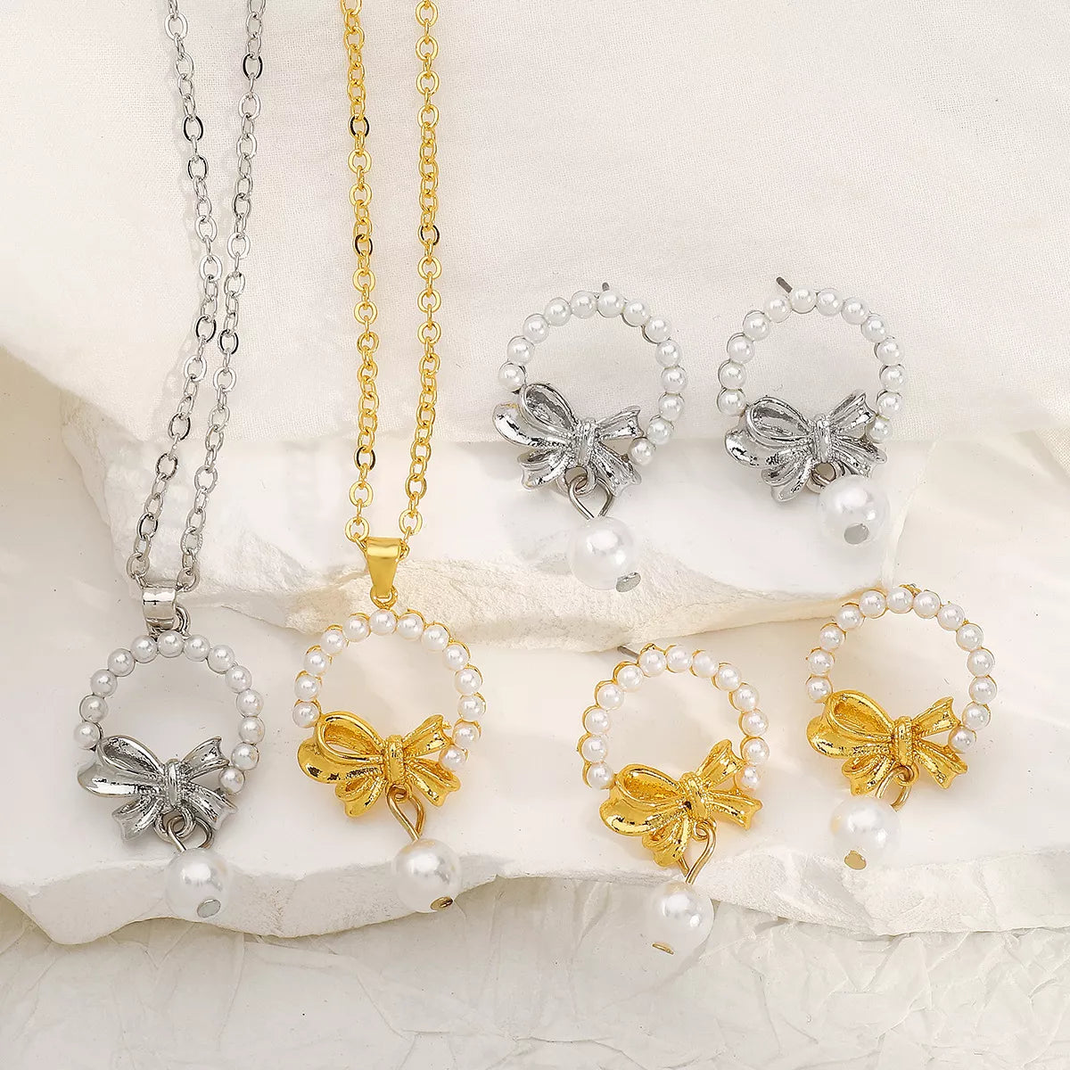 Bowknot Pearl Earrings and Pendant Necklace Jewelry Set -