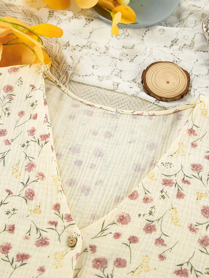 Floral Print Button-Down Top and Pants Lounge Set -