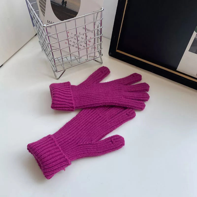 Warm Knitted Winter Gloves - Rose Purple One Size