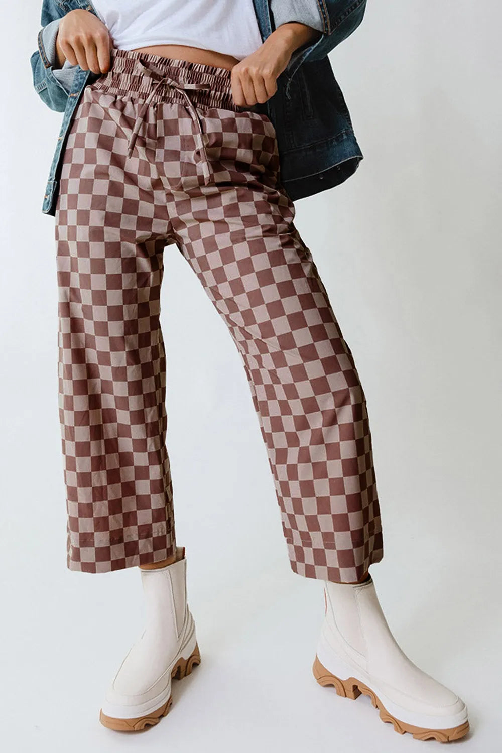 Checkered High Waist Loose Casual Pants - Camel
