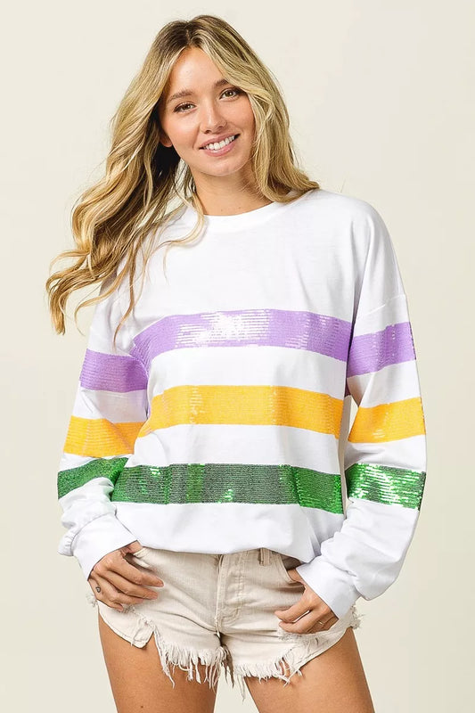 Sequin Mardi Gras Striped Round Neck Sweatshirt - Off-White