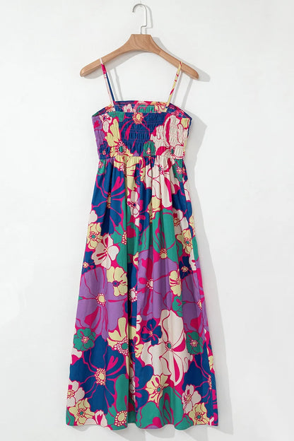 Floral Print Shirred Loose Maxi Dress -