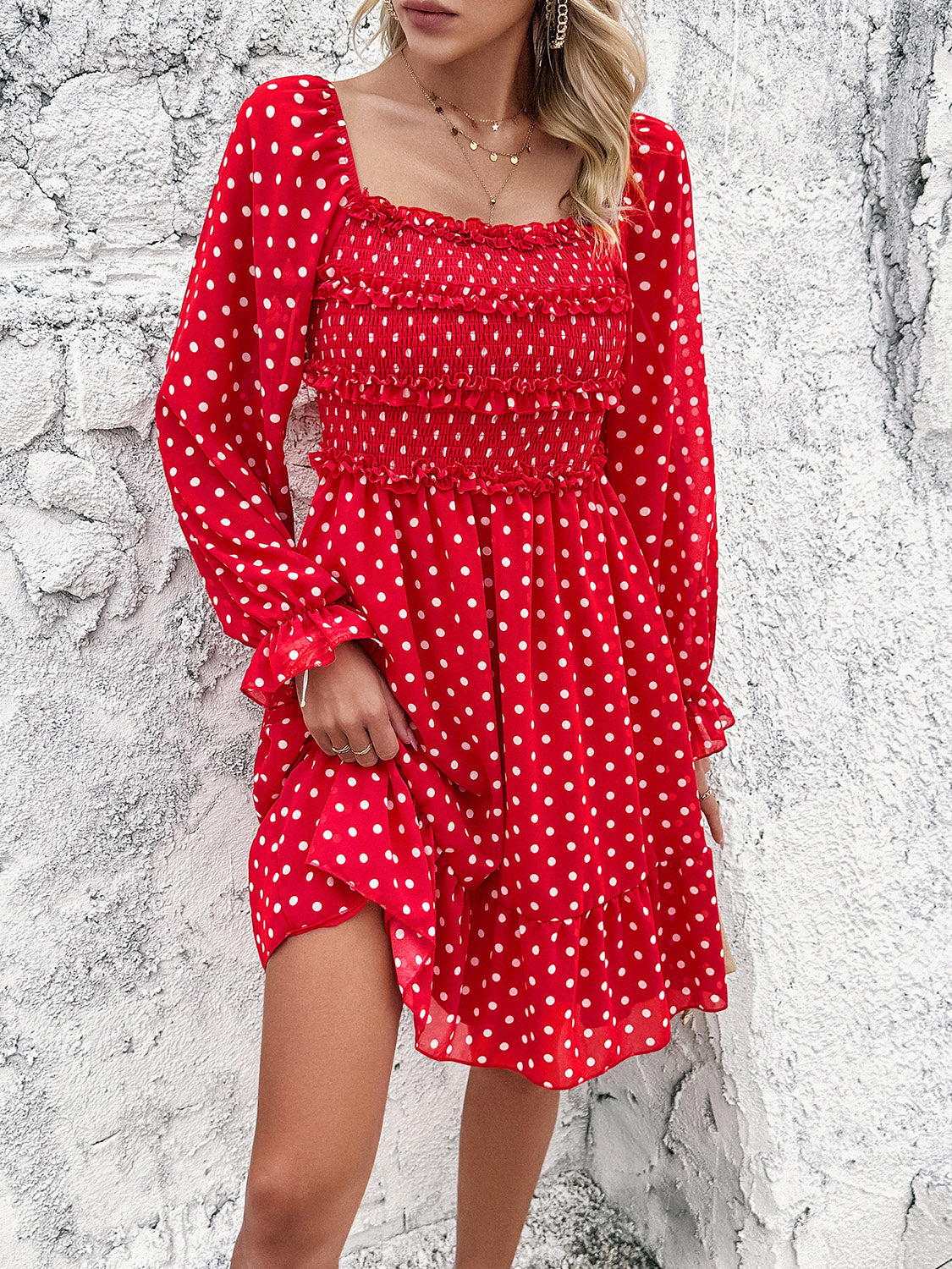 Smocked Polka Dot Long Sleeve Dress | AdoreStarr