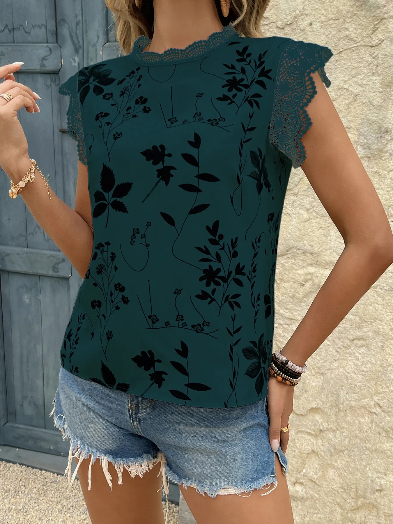 Lace Trim Sleeveless Blouse - Green