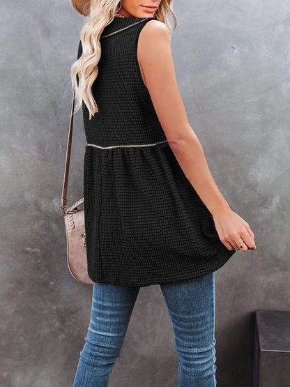 V-Neck Contrast Trim Waffle Knit Tank Top - Black