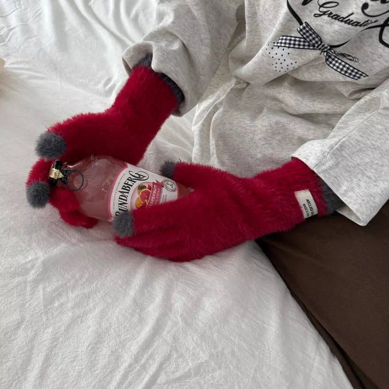 Warm Plush Contrast Knitted Gloves - Red One Size