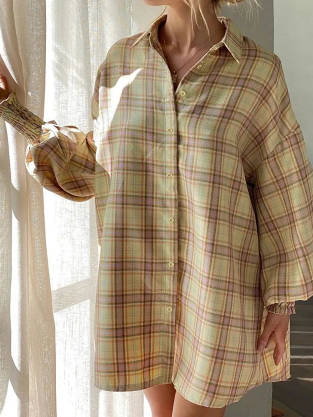 Plaid Button Up Long Sleeve Shirt - Pastel Yellow