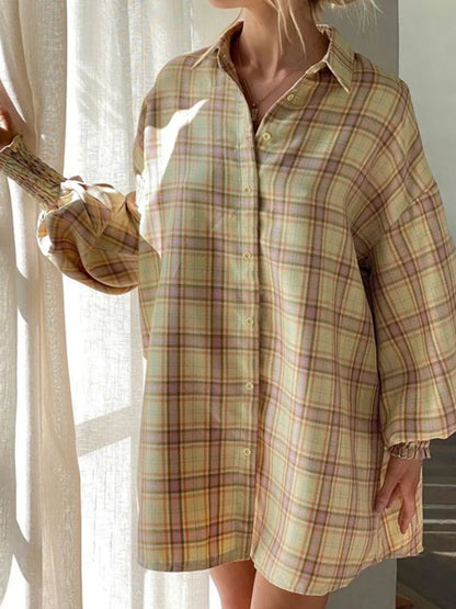 Plaid Button Up Long Sleeve Shirt - Pastel Yellow