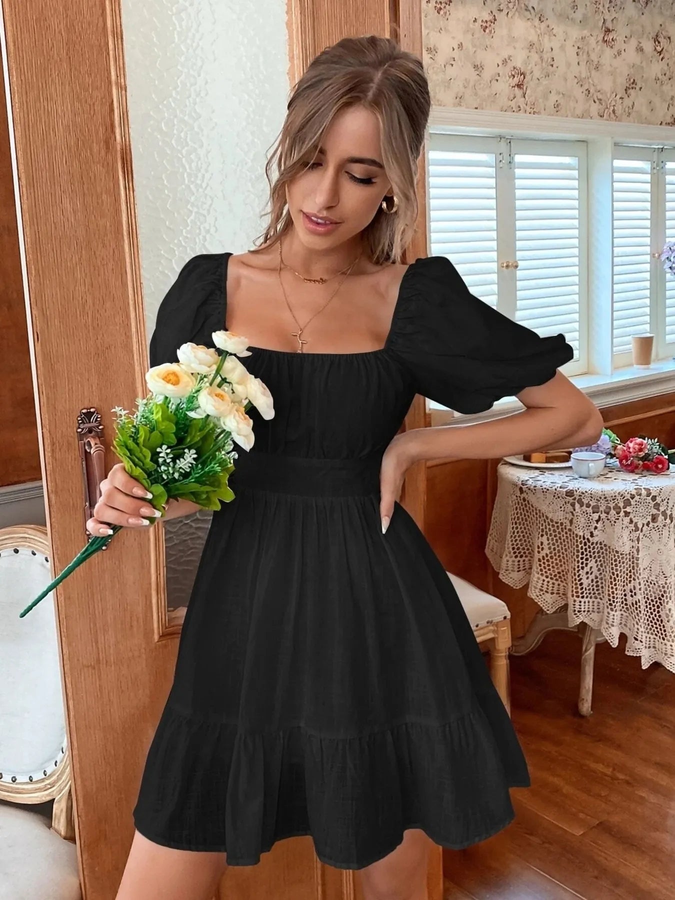 Square Neck Puff Sleeve Mini Dress - Black