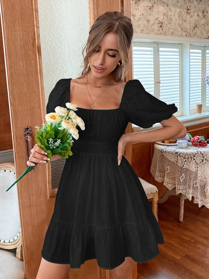 Square Neck Puff Sleeve Mini Dress - Black