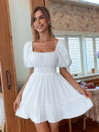 Square Neck Puff Sleeve Mini Dress -