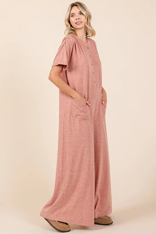 Button Detail Short Sleeve Wide Leg Jumpsuit -
