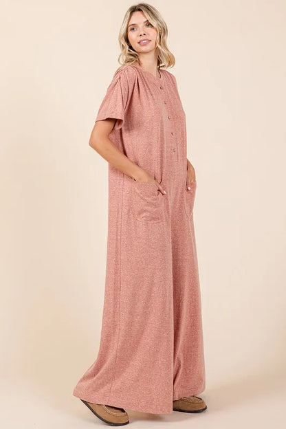 Button Detail Short Sleeve Wide Leg Jumpsuit -