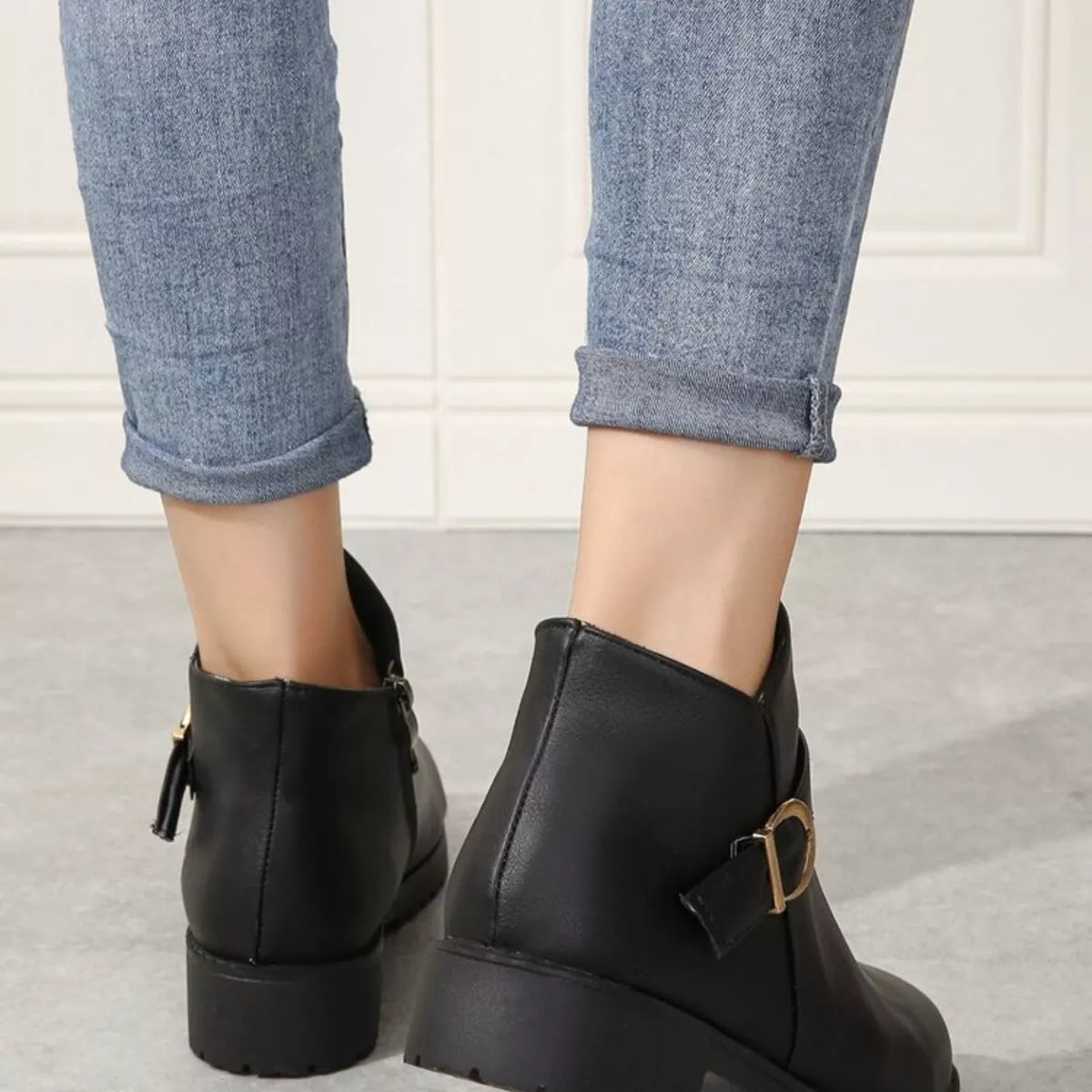 Buckle Accent Ankle Boots - Black