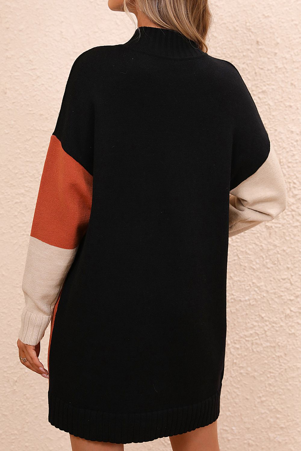 Color Block Mock Neck Dropped Shoulder Sweater Dress | AdoreStarr