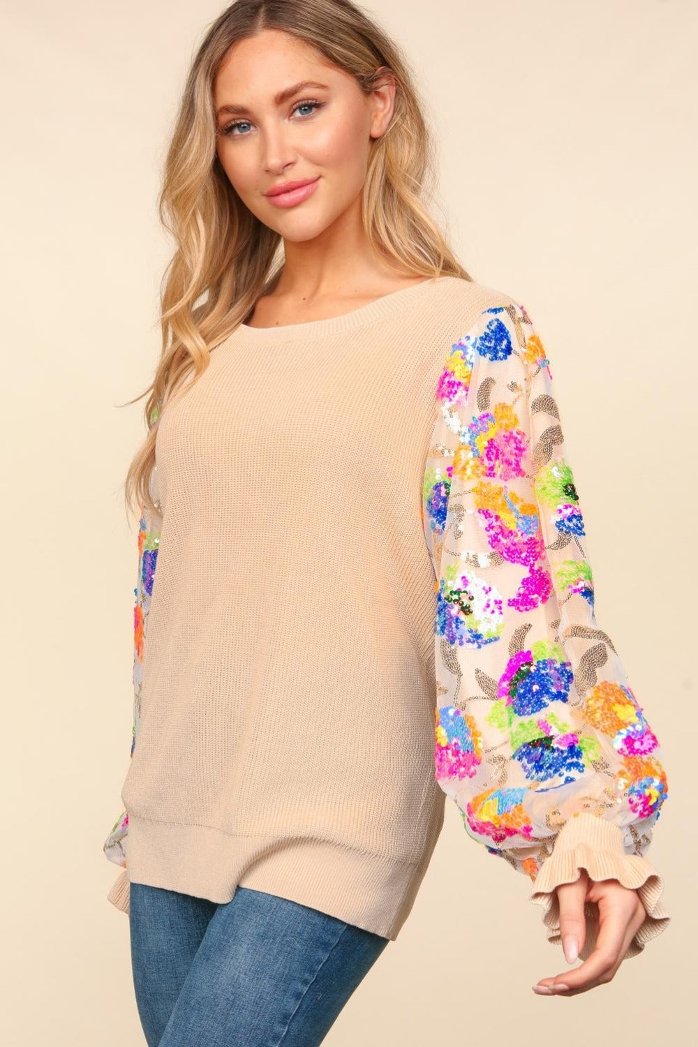 Floral Sequins Mesh Flounce Sleeve Sweater - Tan