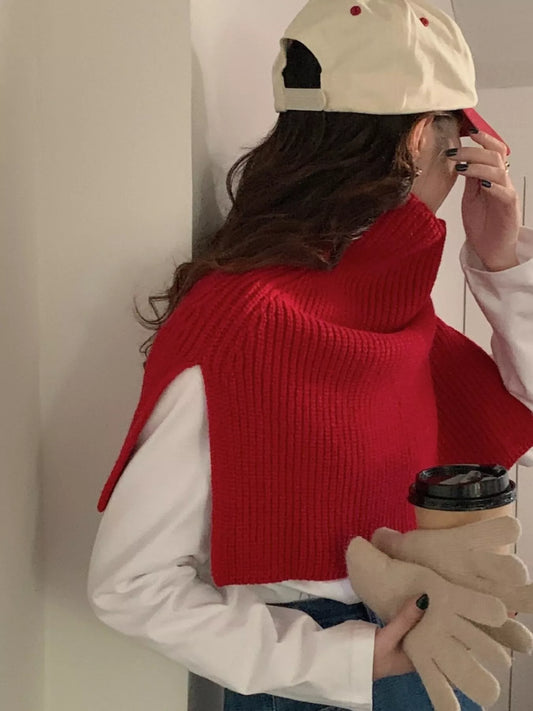 Chunky Knit Slit Scarf - Red One Size