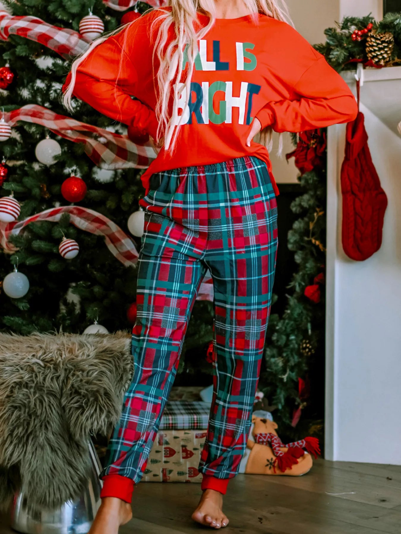 ALL IS BRIGHT Graphic Plaid Pajamas Set - Red