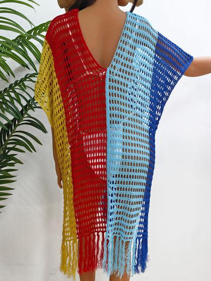 Fringe Color Block Scoop Neck Cover-Up | AdoreStarr