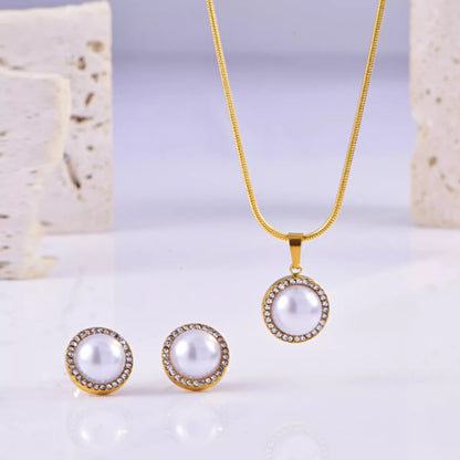 Synthetic Pearl Rhinestone Necklace and Earrings Jewelry Set -
