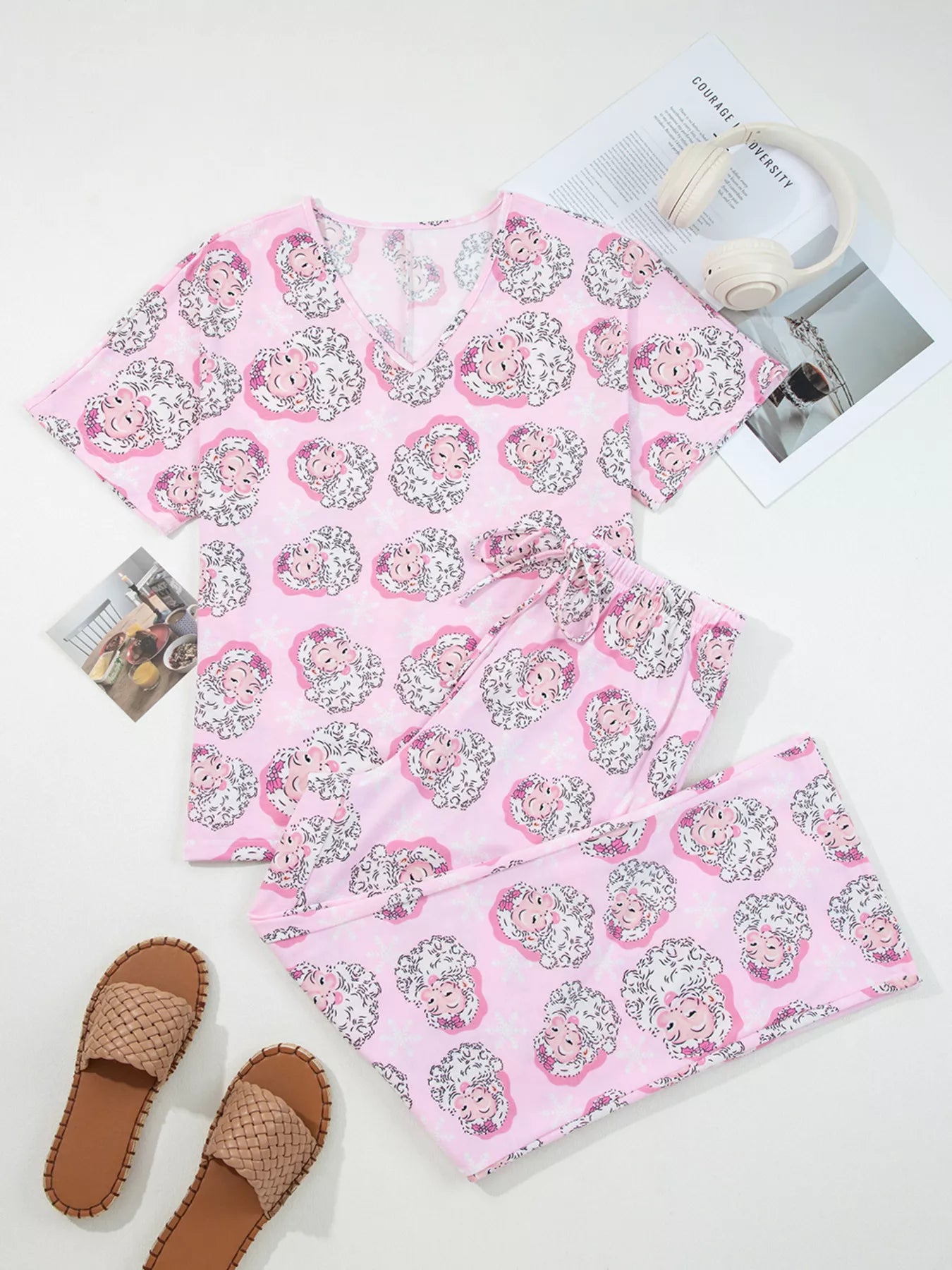 Santa Claus Print V-Neck Tee Drawstring Pants Lounge Set -