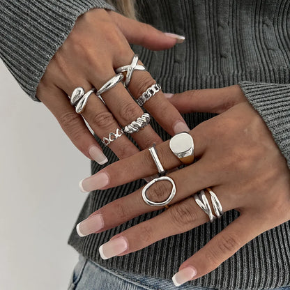10-Piece Alloy Geometric Ring - Silver One Size