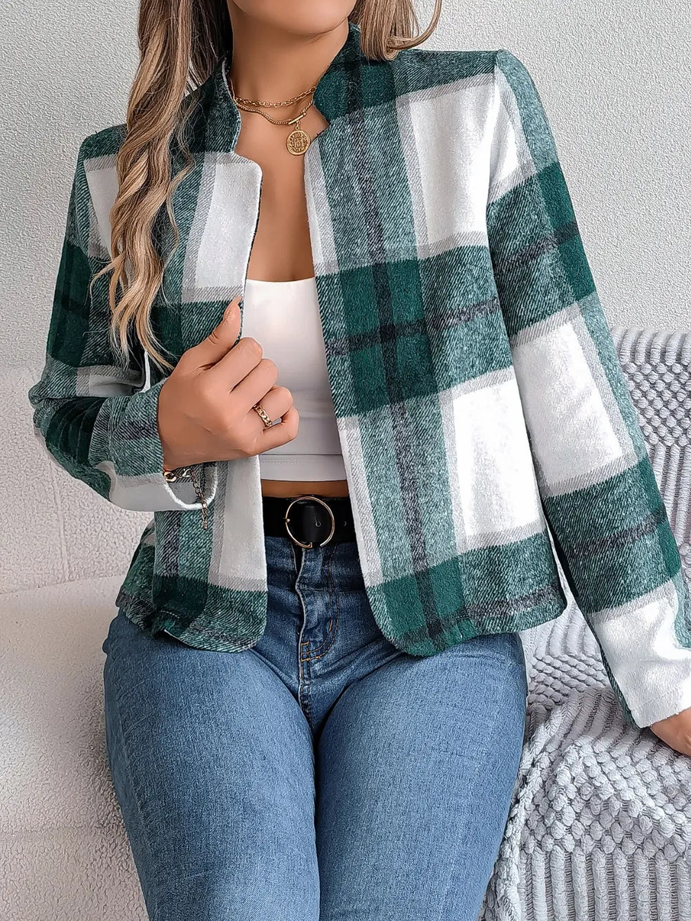 Plaid Open Front Long Sleeve Jacket -