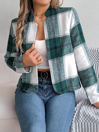 Plaid Open Front Long Sleeve Jacket -