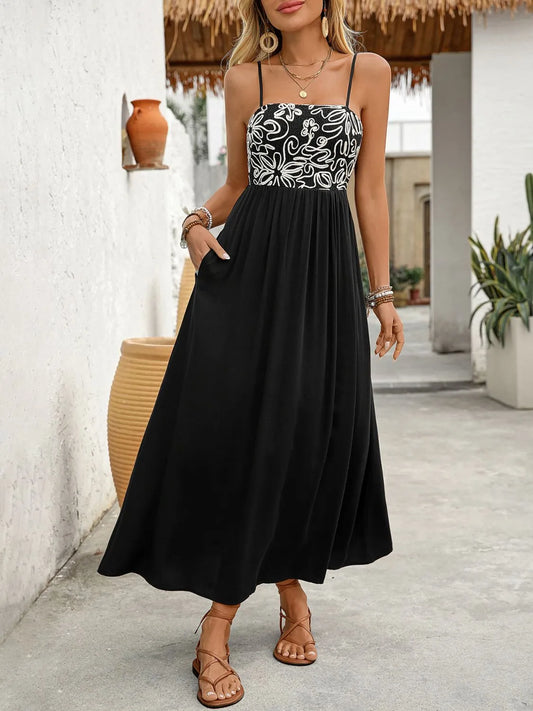 Smocked Midi Cami Dress with Pockets - Black