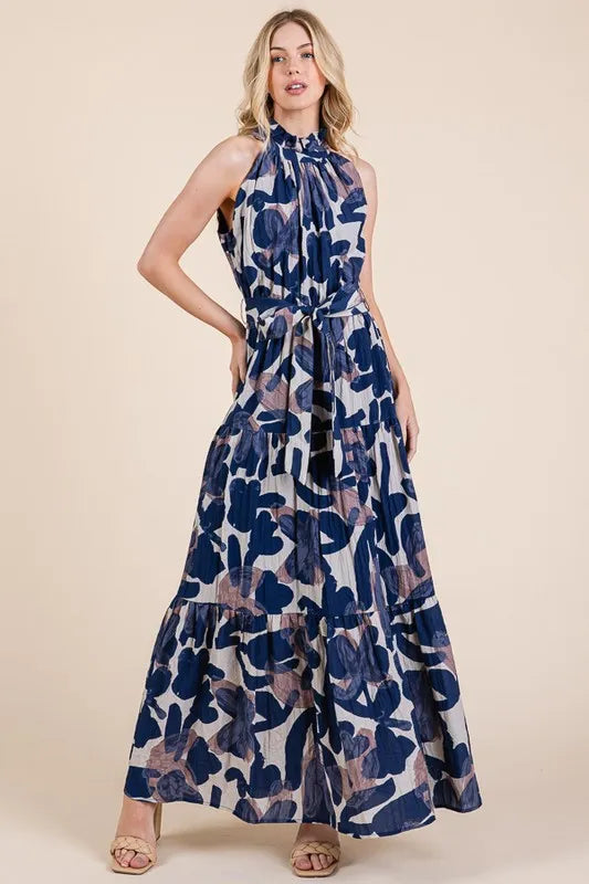 Abstract Halter Neck Tie-Waist Maxi Dress - Navy
