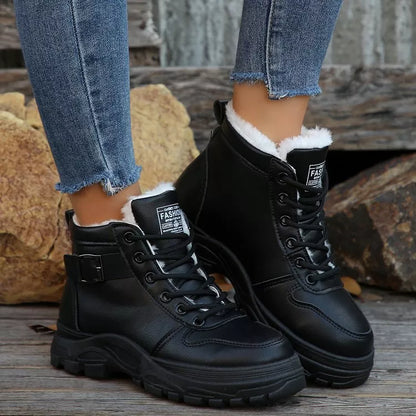 Warm Lined Ankle Boots with Buckle Detail - Black