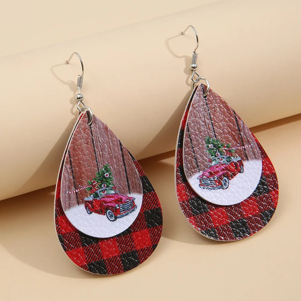 PU Leather Plaid Teardrop Earrings - Scarlet One Size