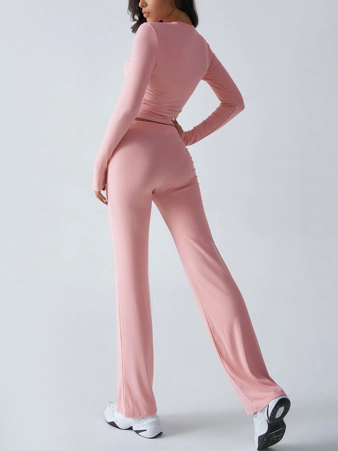Round Neck Long Sleeve Top and Pants Set - Pink
