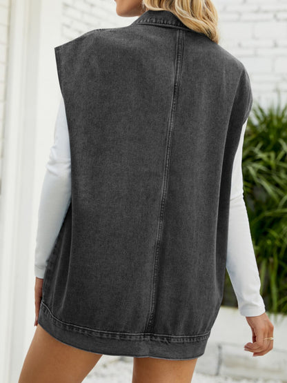 Collared Neck Sleeveless Denim Top -
